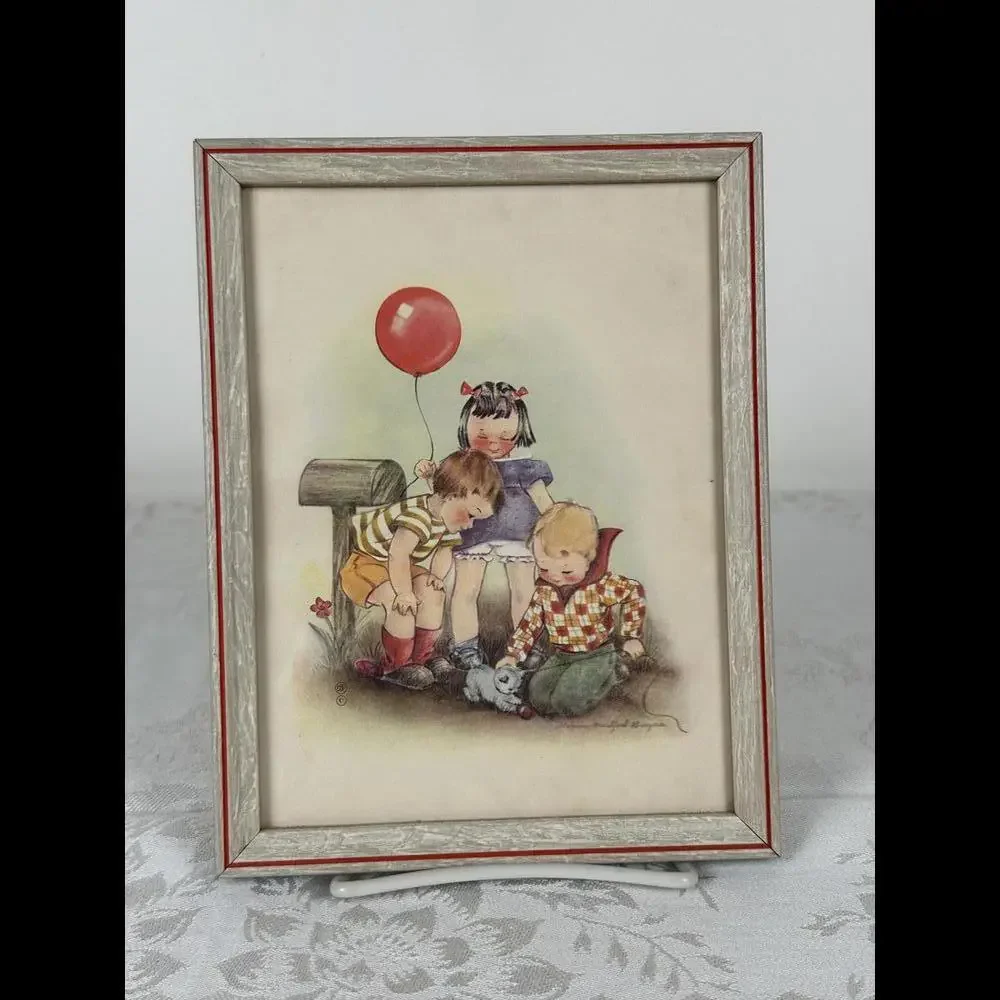 Vintage 1940s Lithograph Framed Nursery Art Pair Marion Bradford Burgess